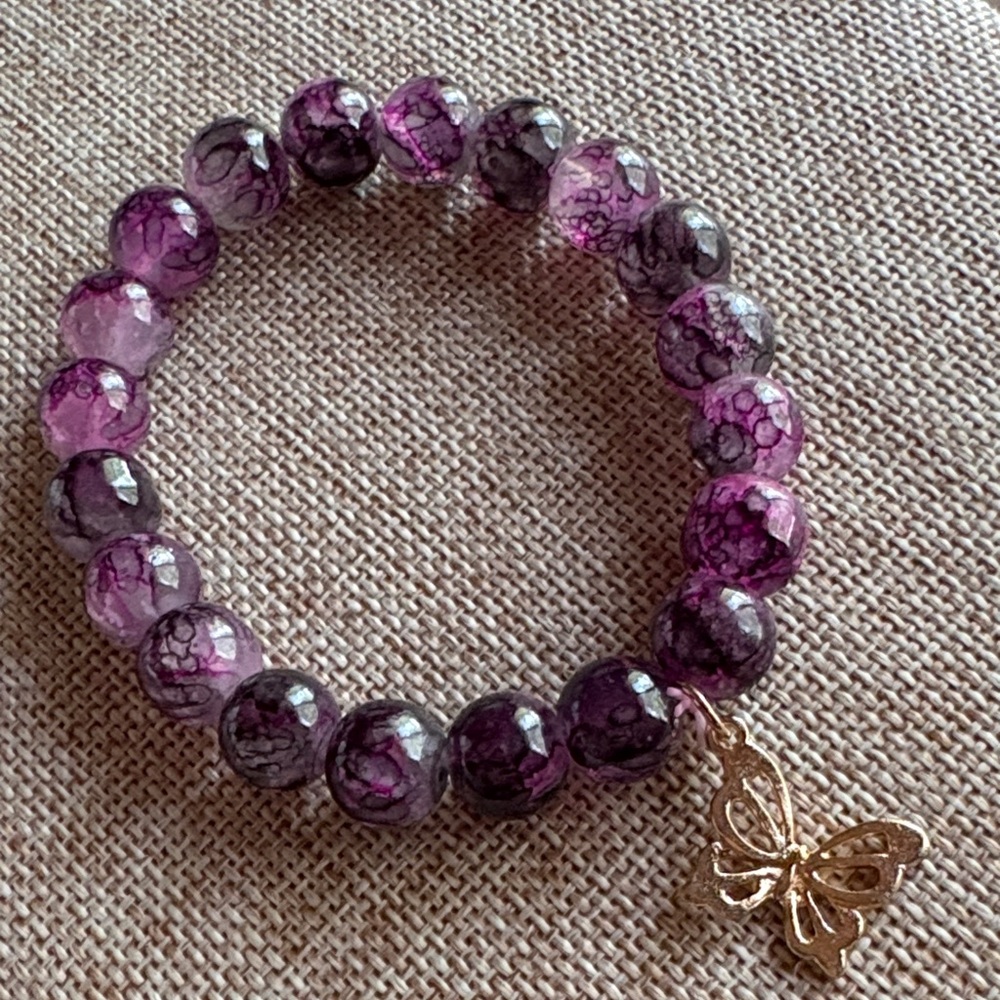 Purple 10mm Glass Beaded Bracelet with Butterfly Charm
